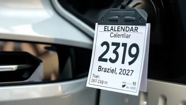 Calendário com data marcada, etiqueta de preço de carro elétrico e gráfico de aumento tributário