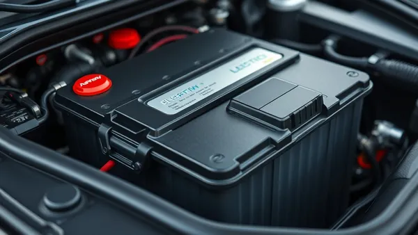 Pacote de bateria de carro elétrico exposto em oficina automotiva sob luz quente brasileira