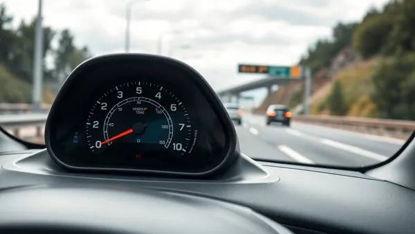Carro elétrico em rodovia aberta com painel digital mostrando alta quilometragem percorrida