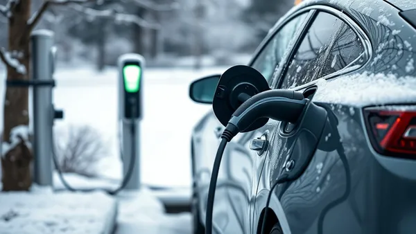 Carro elétrico coberto de geada conectado a carregador em dia frio de inverno no Sul do Brasil