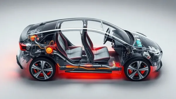 Diagrama de corte de uma bateria de íon-sódio ao lado de um carro elétrico moderno com painéis azuis representando células de energia