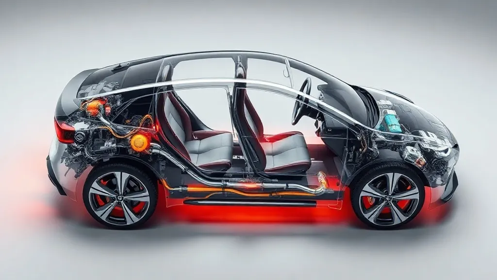 Diagrama de corte de uma bateria de íon-sódio ao lado de um carro elétrico moderno com painéis azuis representando células de energia