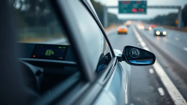 Carro elétrico parado no acostamento de uma rodovia brasileira com a luz de alerta de bateria baixa acesa no painel