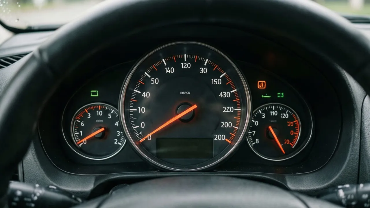 Painel digital de carro elétrico mostrando quilometragem baixa em carro novo