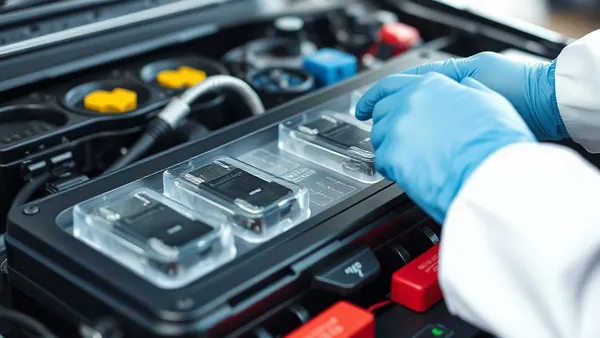 Pacote de bateria de carro elétrico com células de lítio expostas durante diagnóstico