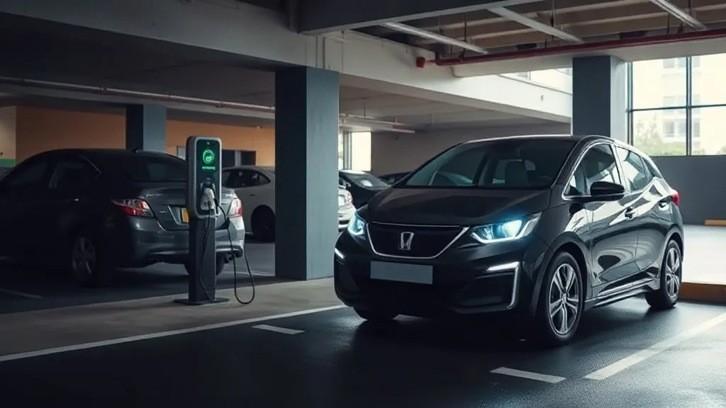Carro elétrico carregando em vaga de garagem de edifício com wallbox instalado na parede