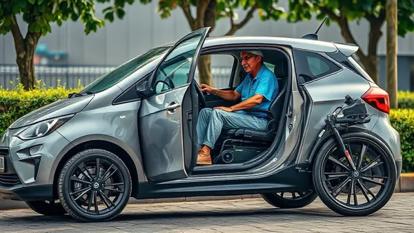 Carro elétrico moderno estacionado em vaga de acessibilidade com símbolo PCD, representando isenção fiscal para pessoas com deficiência no Brasil