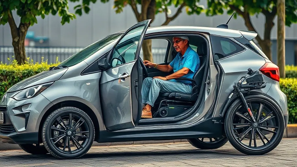 Carro elétrico moderno estacionado em vaga de acessibilidade com símbolo PCD, representando isenção fiscal para pessoas com deficiência no Brasil