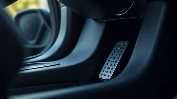 Pé do motorista sobre o pedal do acelerador de um carro elétrico durante condução com um pedal só