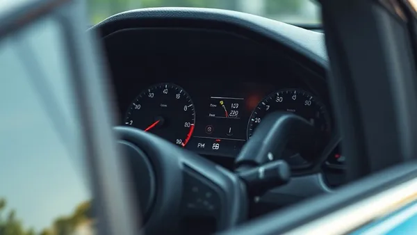 Motorista olhando para o painel de um carro elétrico novo, com indicador de bateria em destaque, representando a experiência do primeiro carro elétrico no Brasil
