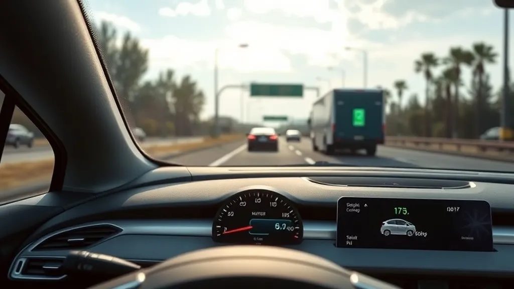 Painel de carro elétrico mostrando indicador de bateria e autonomia restante em km durante viagem em rodovia brasileira