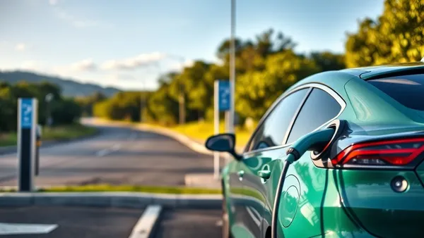 Carro elétrico conectado a eletroposto em posto de combustível de rodovia brasileira durante viagem longa