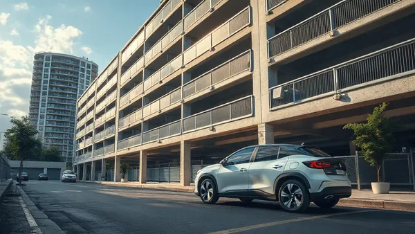 Carro híbrido estacionado em garagem de prédio residencial brasileiro sem infraestrutura de recarga visível