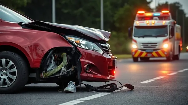 Cena de acidente de trânsito com carro danificado e guincho a caminho em rodovia brasileira