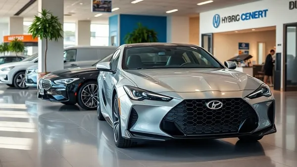 Interior de concessionária com carro híbrido em destaque e contrato de financiamento sobre mesa