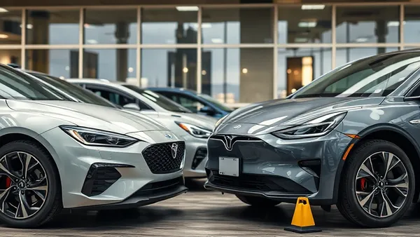 Carro híbrido e carro elétrico estacionados lado a lado em uma concessionária