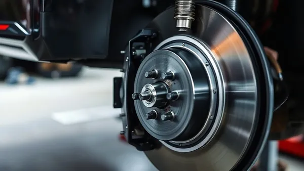 Mecânico inspecionando disco e pastilha de freio de carro híbrido em oficina