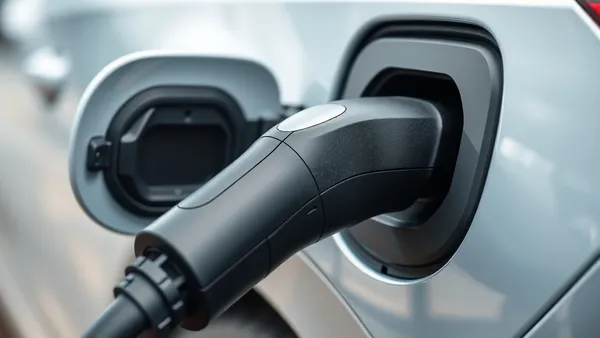 Porta de recarga de um carro híbrido plug-in em detalhe com cabo conectado