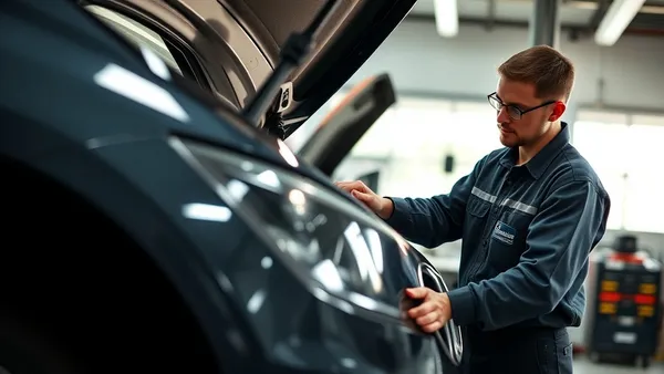 Mecânico em oficina independente inspecionando motor de carro híbrido com equipamento de diagnóstico eletrônico