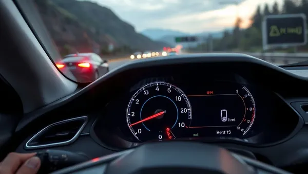 Painel digital de carro elétrico mostrando autonomia estimada e nível de bateria na estrada