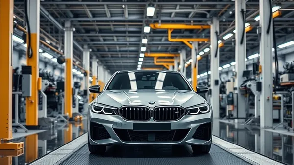 Linha de produção de fábrica da BMW com carros híbridos e elétricos em montagem