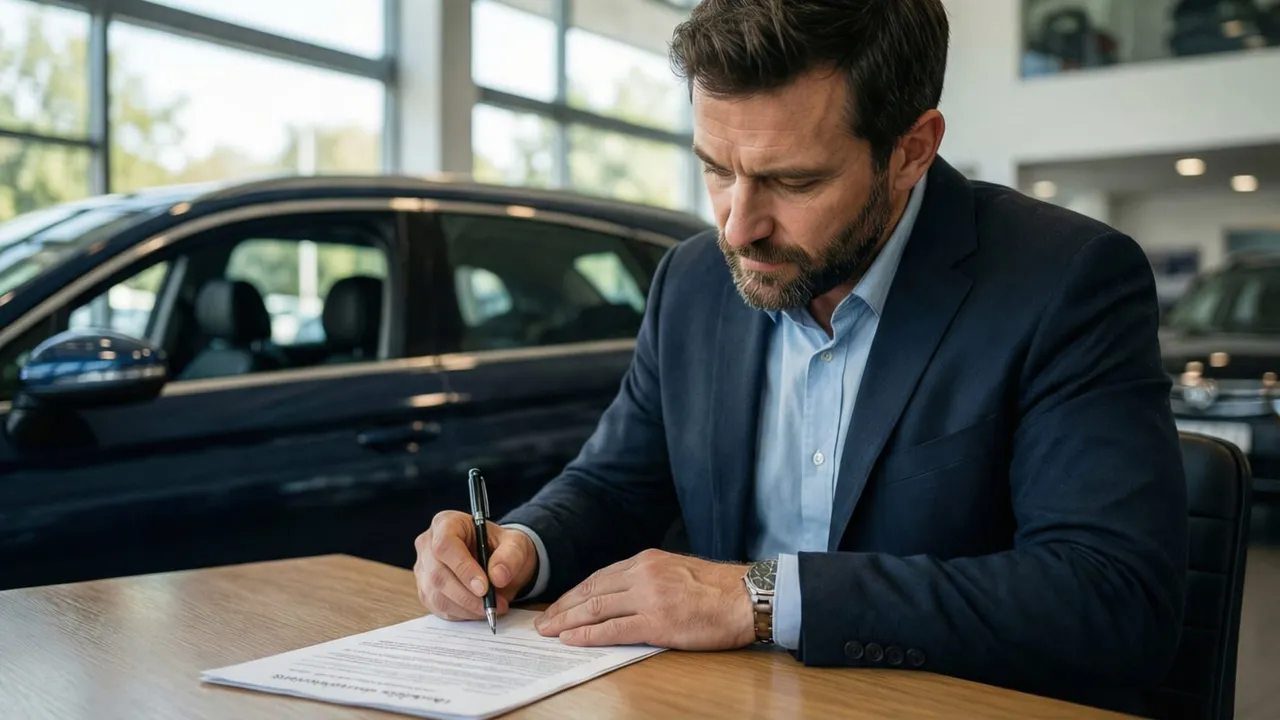 Cliente assinando contrato em concessionária com carro elétrico ao fundo