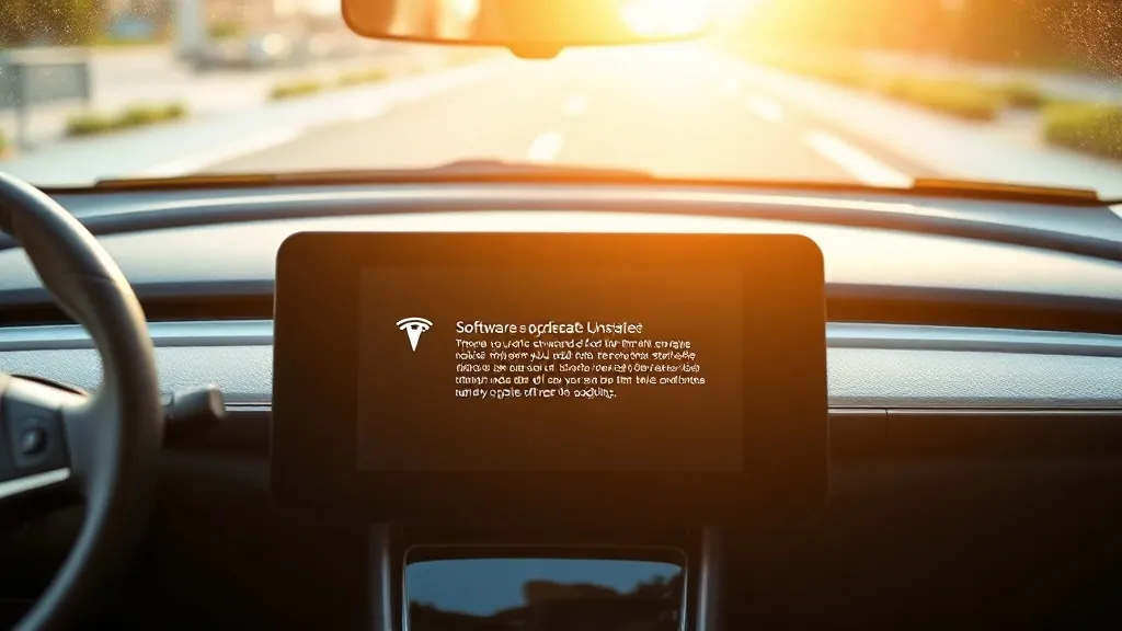 Painel digital de carro elétrico exibindo tela de instalação de atualização de software dentro da garagem