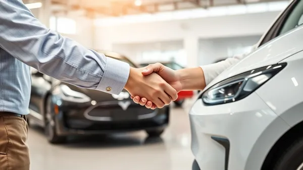 Vendedor de concessionária apertando a mão de cliente diante de carro elétrico no showroom