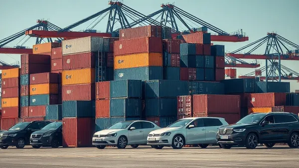 Porto com contêineres e navio cargueiro usado para importação de veículos
