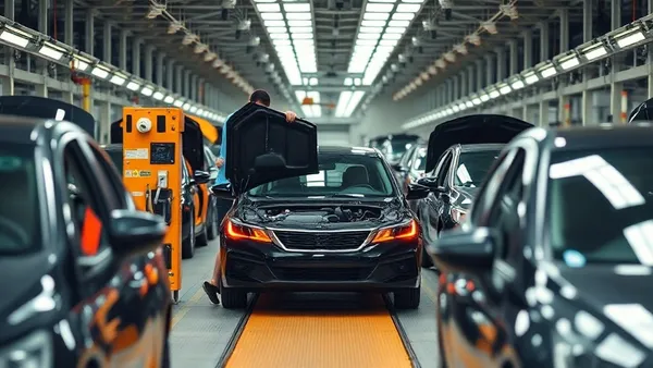 Linha de montagem de fábrica automotiva com operários trabalhando em veículos na esteira de produção