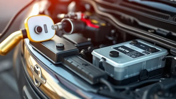Técnico inspecionando módulos de bateria de carro elétrico em oficina autorizada no Brasil