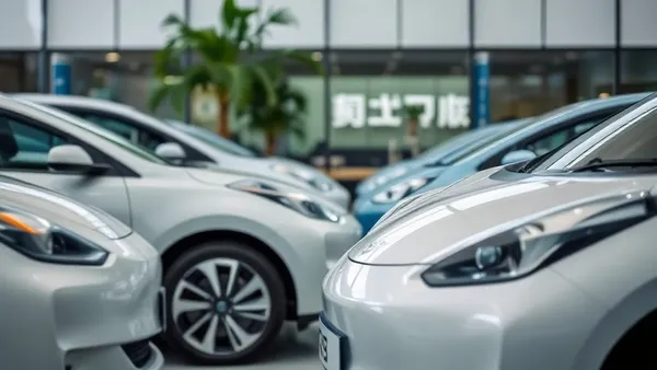 Três carros elétricos de marcas chinesas lado a lado em concessionária brasileira com técnico em segundo plano