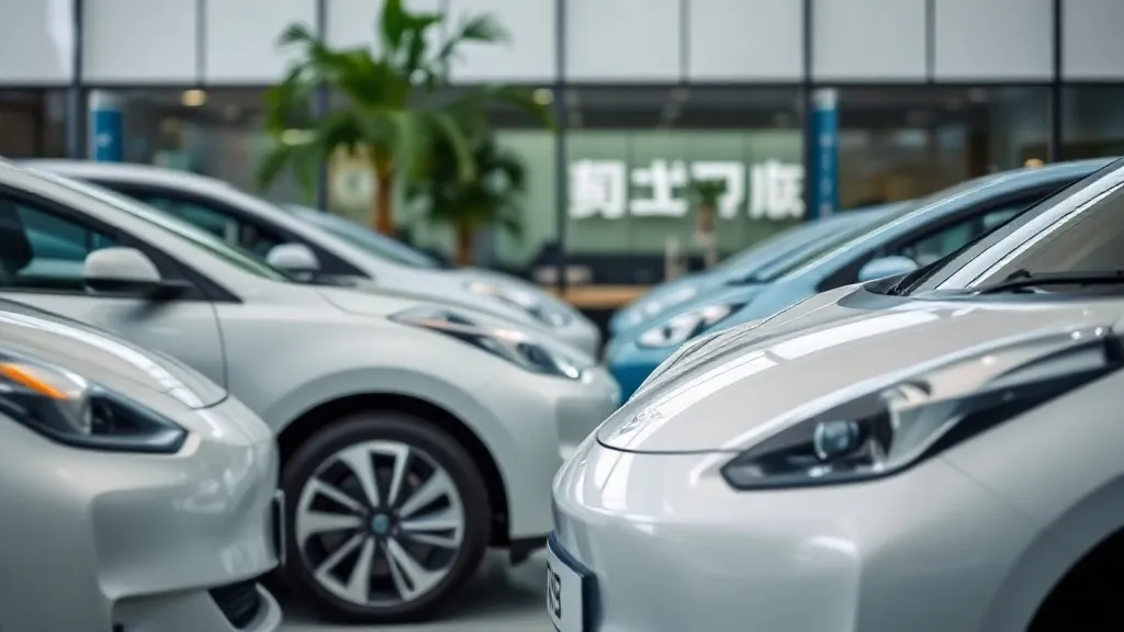 Três carros elétricos de marcas chinesas lado a lado em concessionária brasileira com técnico em segundo plano