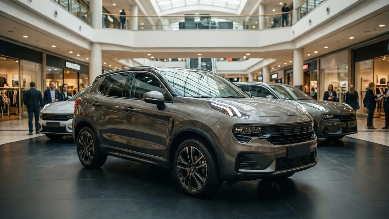Carro elétrico exposto em estande dentro de um shopping center