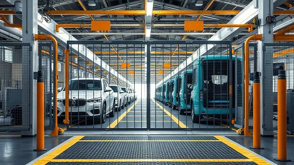 Fábrica de montadora de automóveis com linha de produção parada, portão fechado