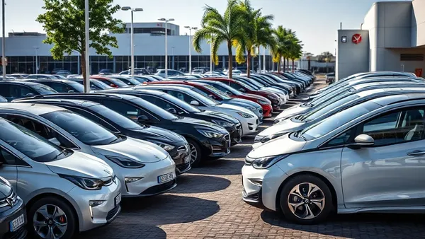 Pátio de revenda de carros usados com vários veículos elétricos expostos no Brasil