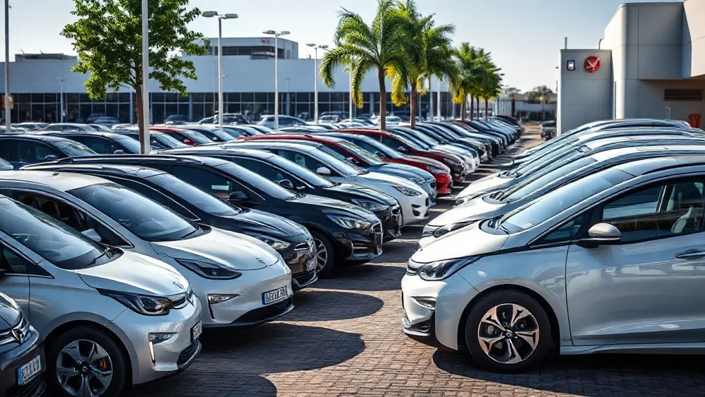 Pátio de revenda de carros usados com vários veículos elétricos expostos no Brasil