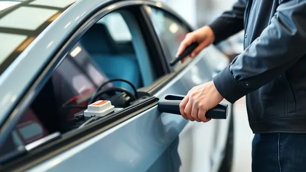 Carro elétrico em pátio de leilão com técnico fazendo inspeção pré-compra