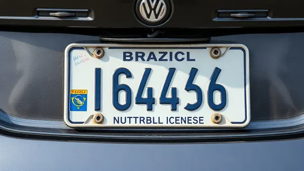 Placa de carro brasileira no padrão Mercosul e documento de registro de veículo sobre mesa