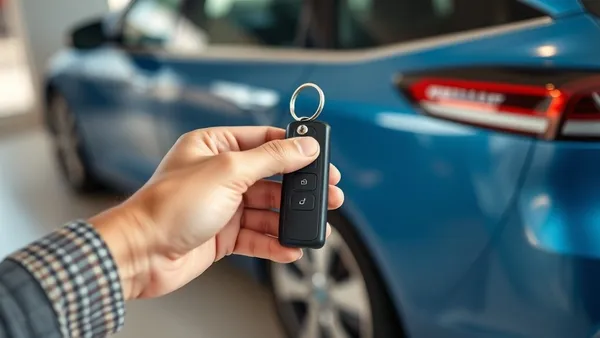 Entrega de chave de carro elétrico usado em concessionária com documentos de transferência de garantia sobre a mesa