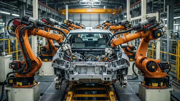 Braços robóticos soldando o chassi de um carro em linha de montagem automotiva