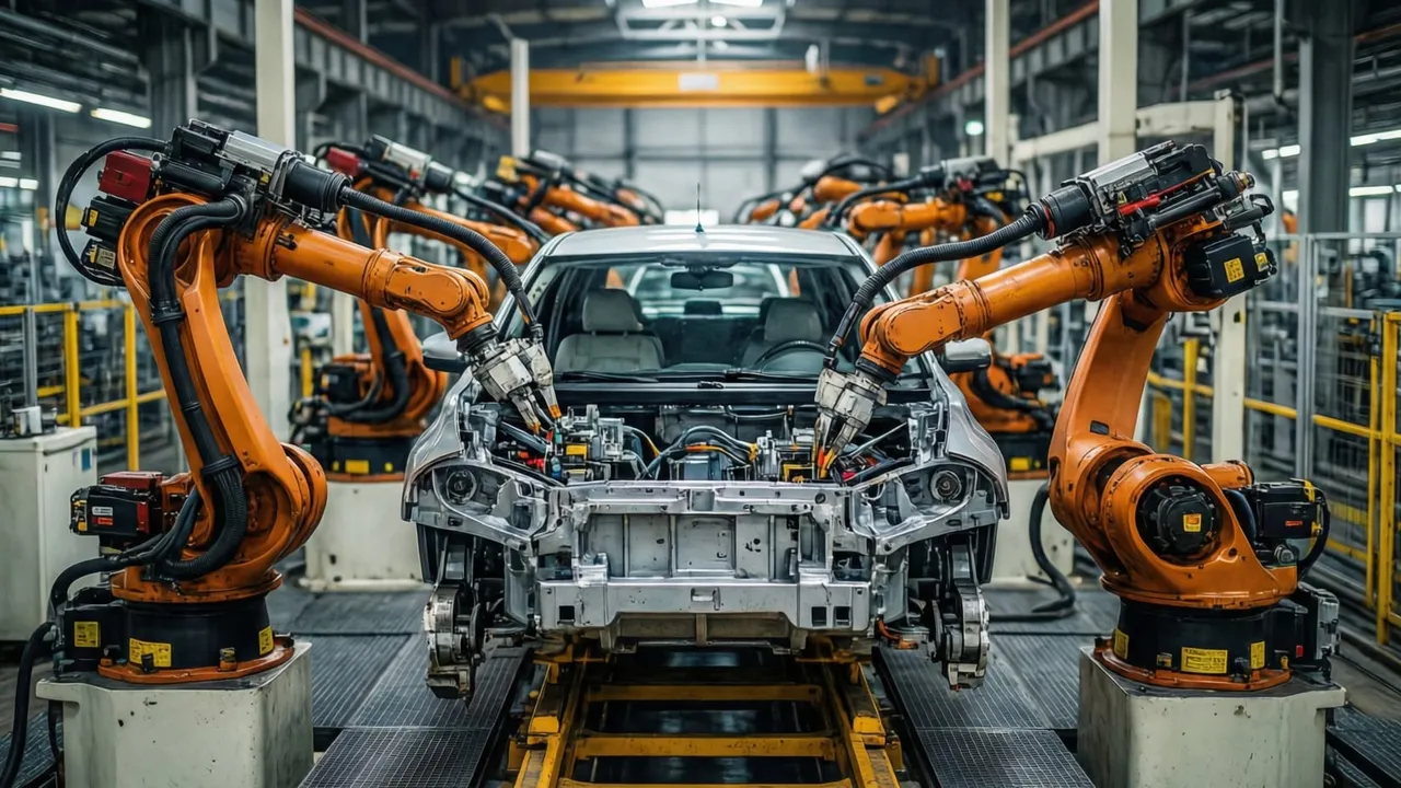 Braços robóticos soldando o chassi de um carro em linha de montagem automotiva