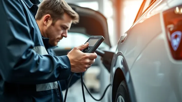 Técnico de concessionária conectando equipamento de diagnóstico a um carro elétrico durante atendimento de recall