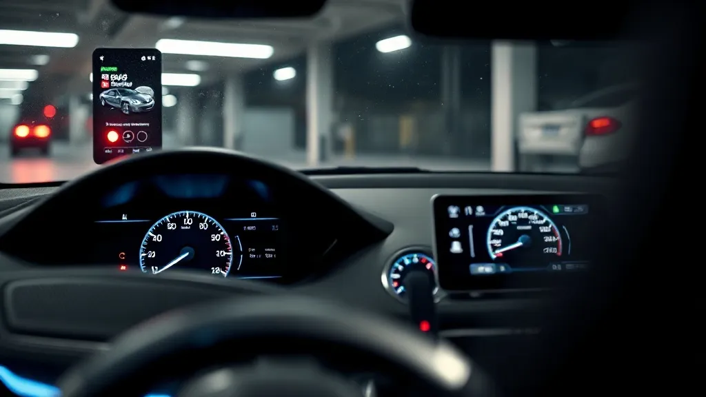 Tela de carro elétrico exibindo notificação de atualização de software durante a noite na garagem