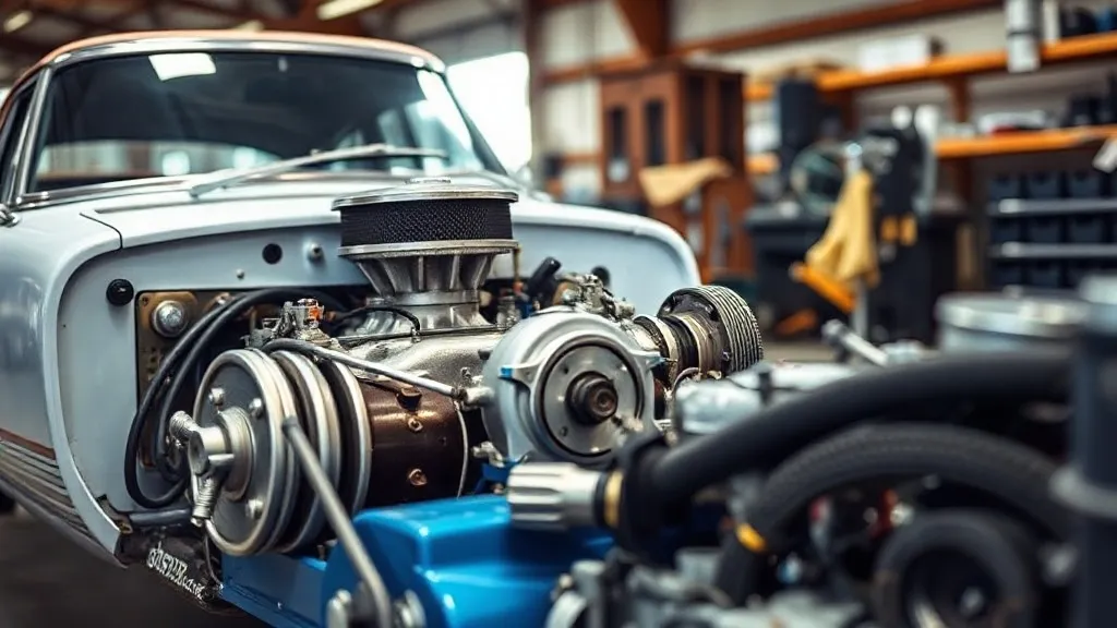 Mecânico em oficina instalando motor elétrico em carro clássico durante processo de conversão