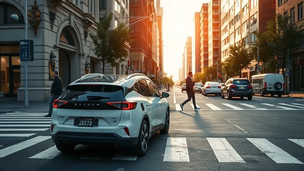 Carro elétrico se aproximando de faixa de pedestres em rua urbana movimentada