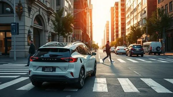 Carro elétrico se aproximando de faixa de pedestres em rua urbana movimentada