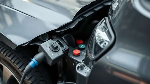 Carro elétrico amassado em acidente com técnico inspecionando o veículo, seguradora avaliando dano