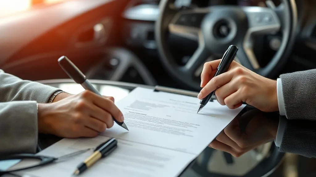 Pessoa assinando documentos de transferência de propriedade de carro elétrico usado
