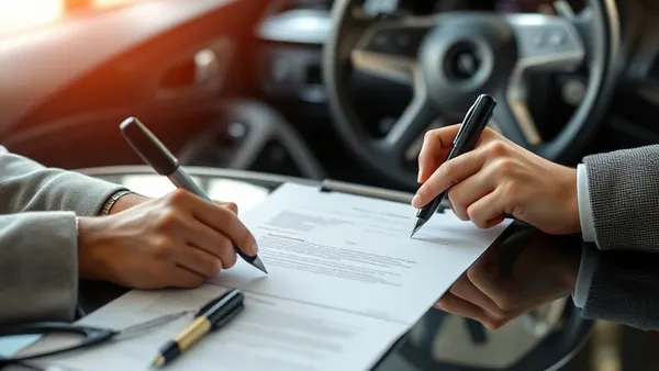 Pessoa assinando documentos de transferência de propriedade de carro elétrico usado